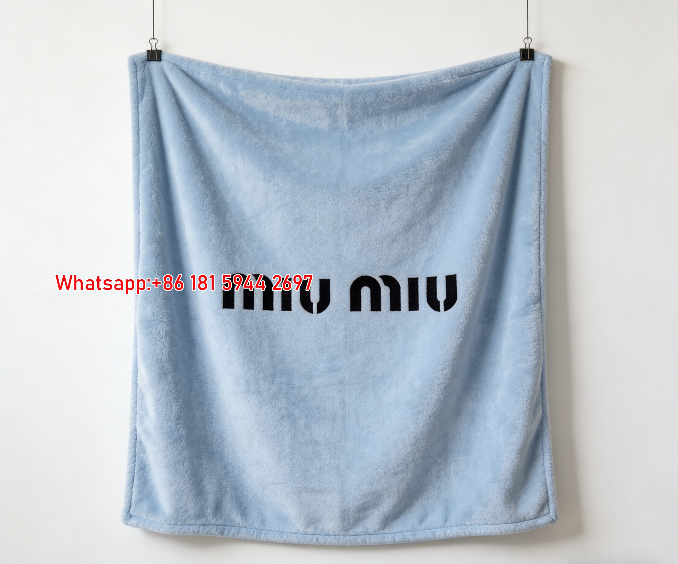 Miu Miu Solid Light Blue Background Black Logo Print Flannel Throw Blanket IMG_0392